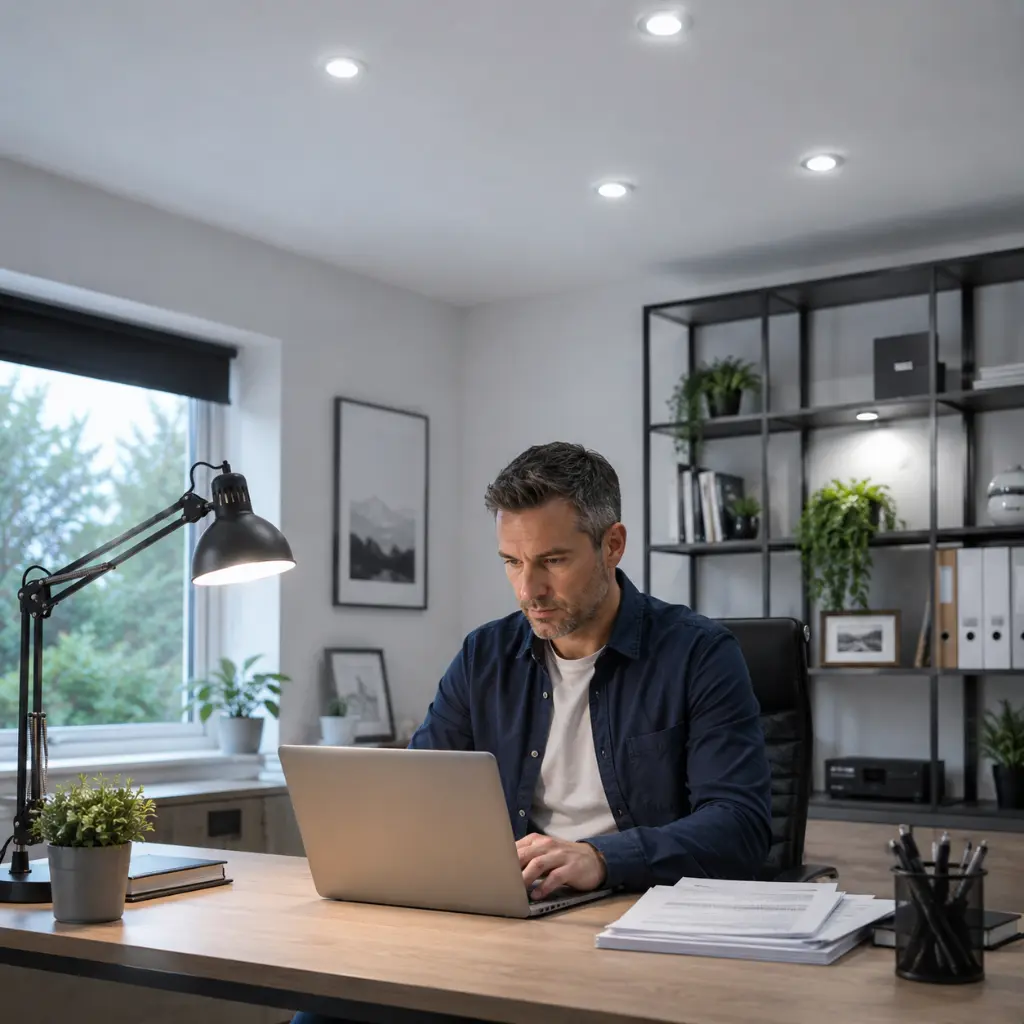 Man working productively under cool white LED lighting in a home office