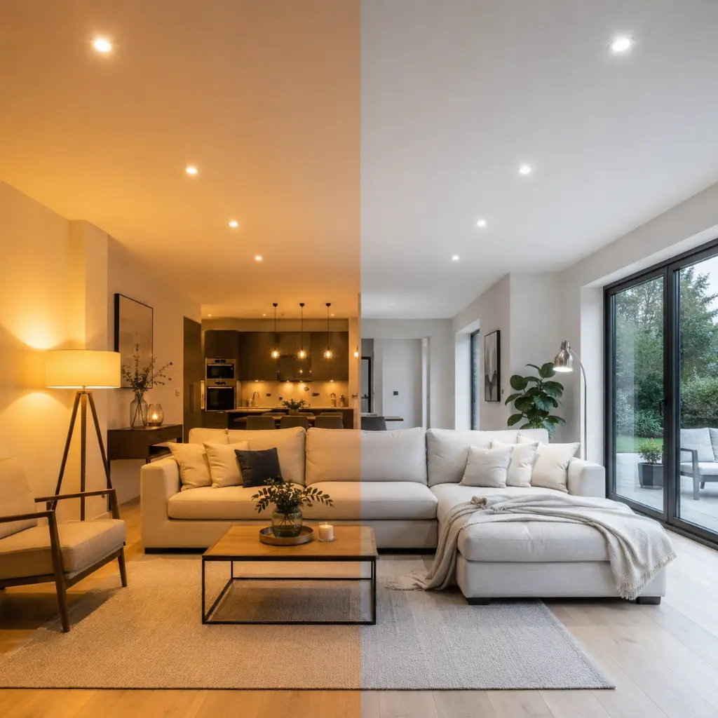 Warm white versus cool white LED lighting comparison in the living room