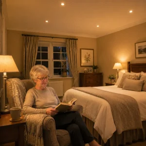 Older woman reading comfortably in warm white LED-lit UK bedroom