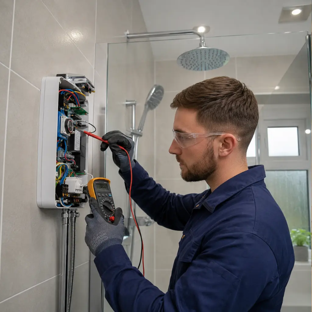 British electrician diagnosing electric shower fault using professional multimeter inside bathroom safely.
