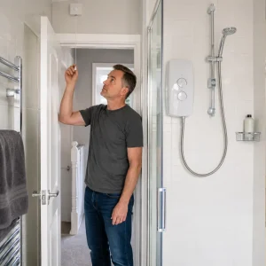 British homeowner checking bathroom electric shower pull-cord isolator before troubleshooting safely at home.