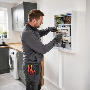 British electrician installing modern consumer unit inside renovated UK utility room safely.