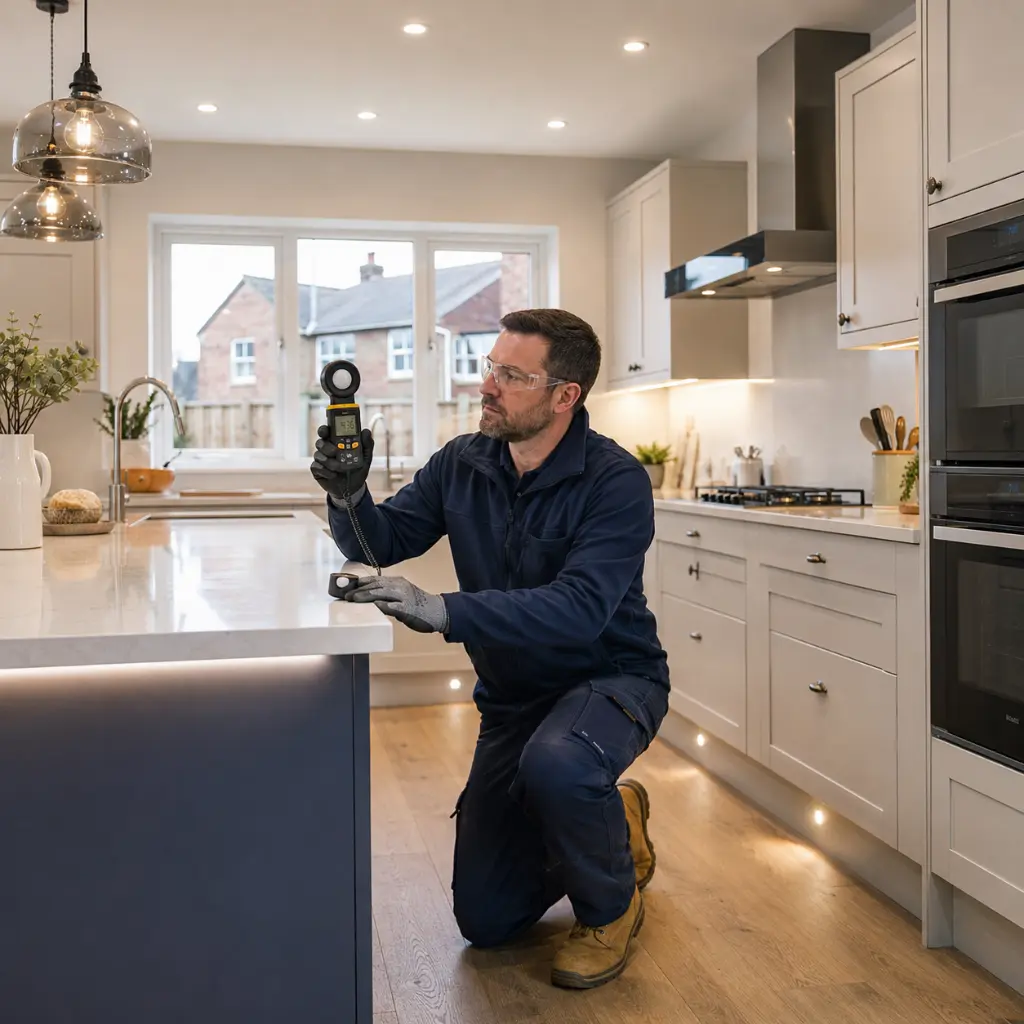 British electrician measuring kitchen lighting levels inside modern Doncaster home using luxmeter

