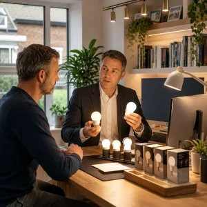 Electrical consultant explaining LED bulb brightness options inside modern Doncaster home office today
