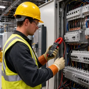 British electrician testing three-phase distribution board using clamp meter inside commercial workshop.