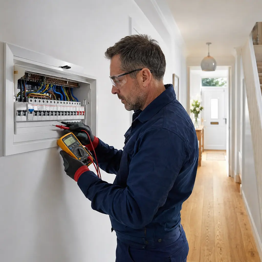 Electrician inspecting domestic single-phase consumer unit with digital tester inside hallway. 