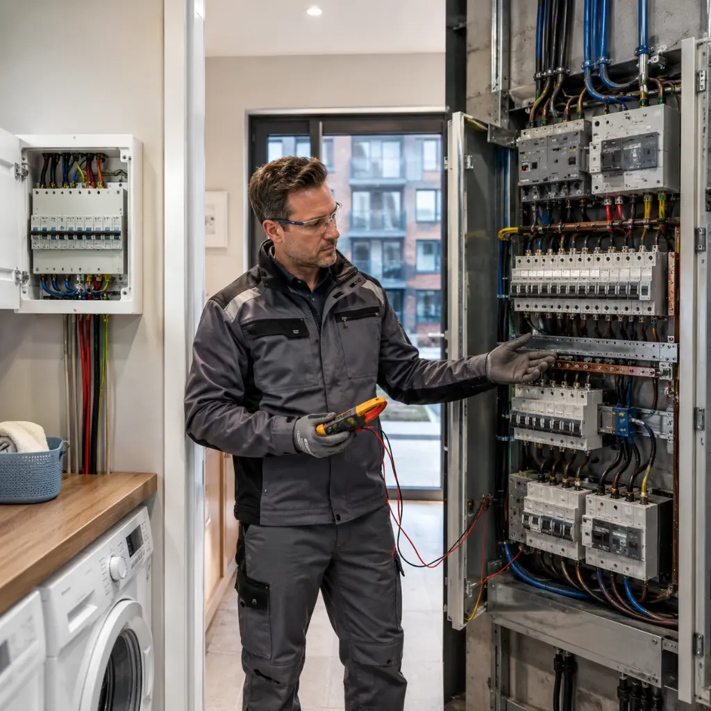 Engineer comparing single-phase consumer unit and three-phase distribution board inside property. 
