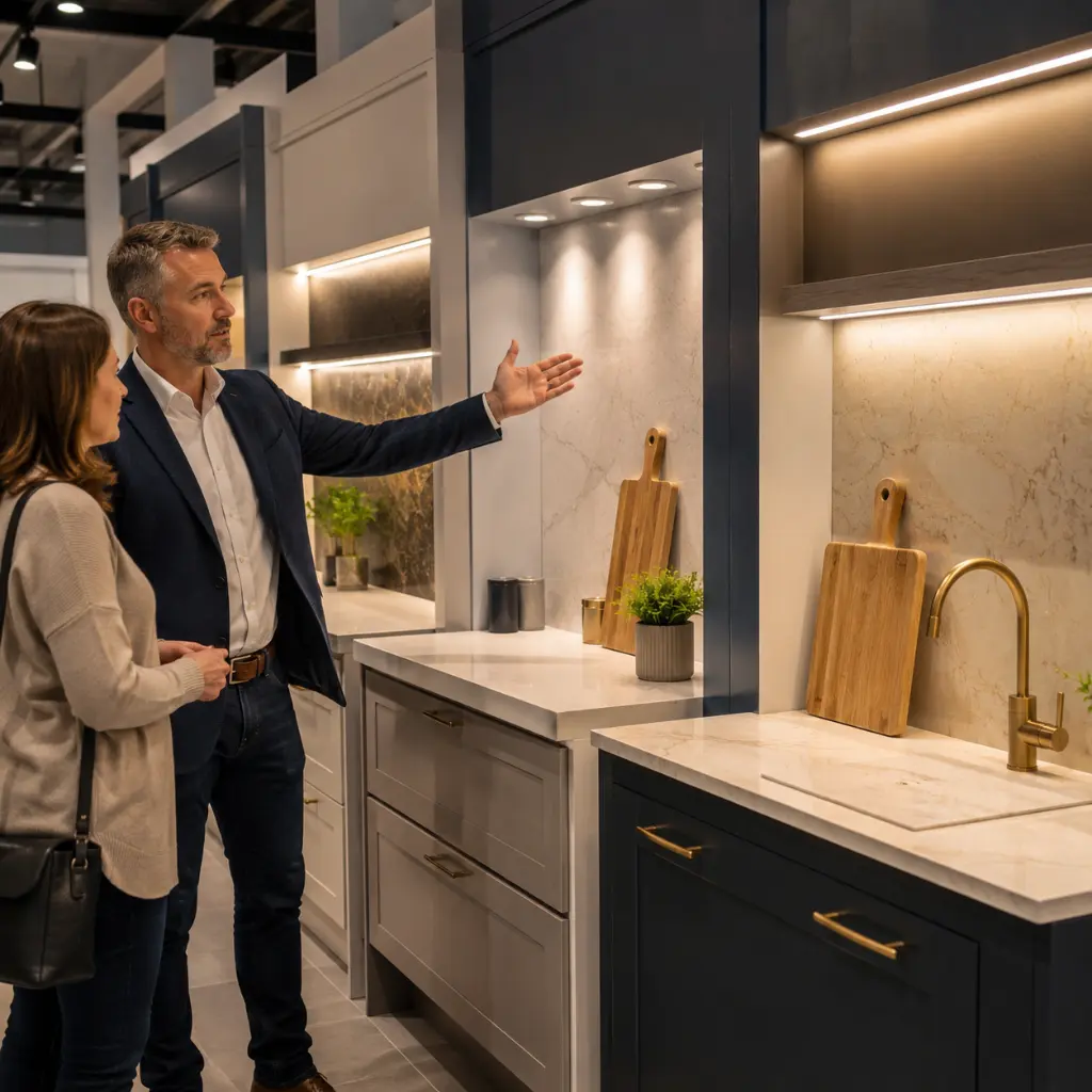 Lighting consultant demonstrating under-cabinet LED options inside contemporary UK kitchen showroom today. 
