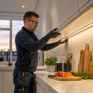 British electrician installing under-cabinet LED strip lighting in modern kitchen safely professionally.