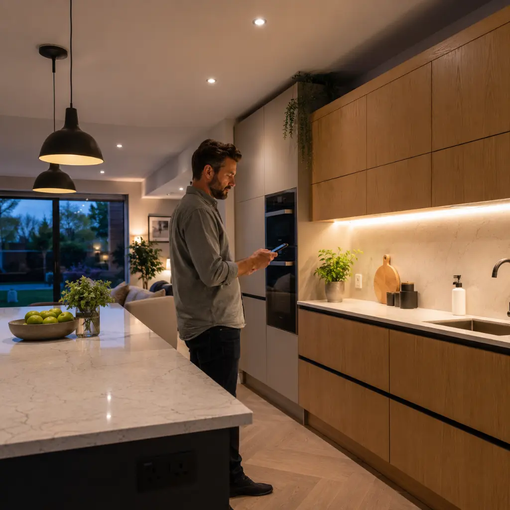 Homeowner controlling smart under-cabinet LED lighting in modern luxury UK kitchen remotely. 
