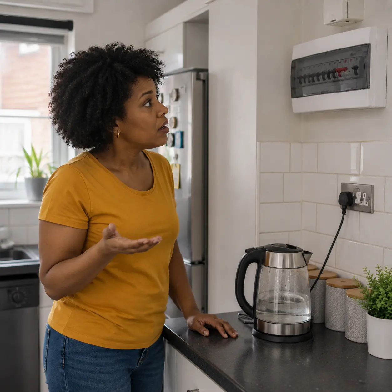Woman notices RCD tripped after electrical fault involving kitchen kettle. 
