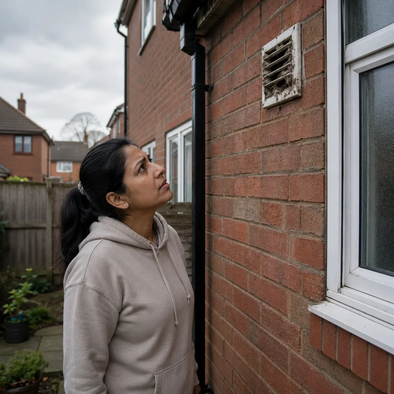 Woman checks blocked external vent causing extractor fan electrical problems.