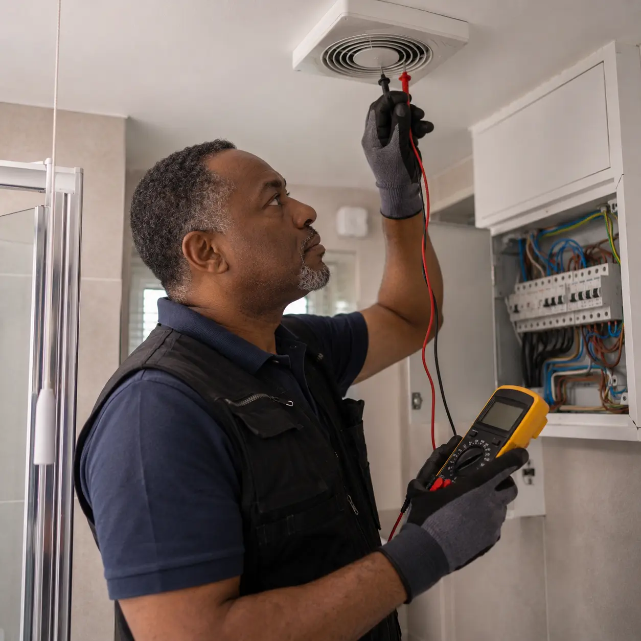 Electrician inspects faulty bathroom pull cord switch before safe replacement.