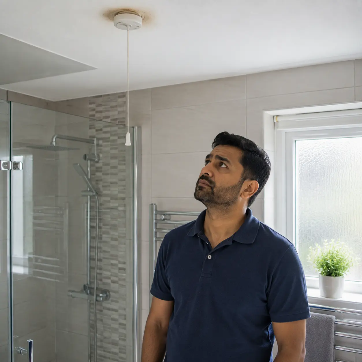 Homeowner notices overheating signs around faulty bathroom pull cord switch. 
