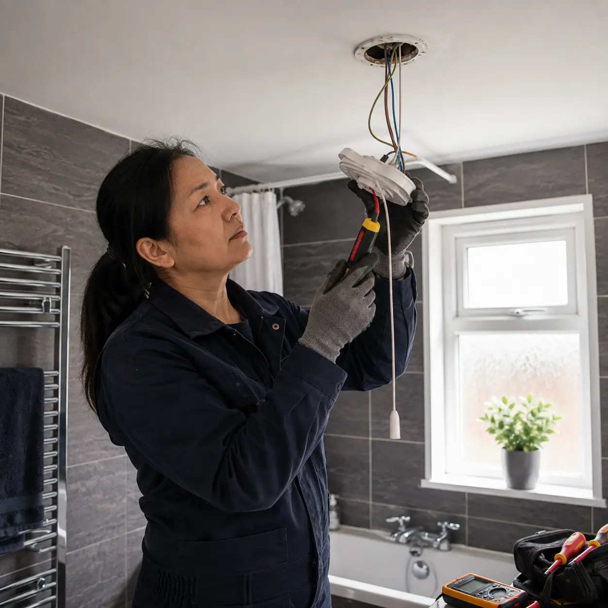 Electrician inspects faulty bathroom pull cord switch before safe replacement.