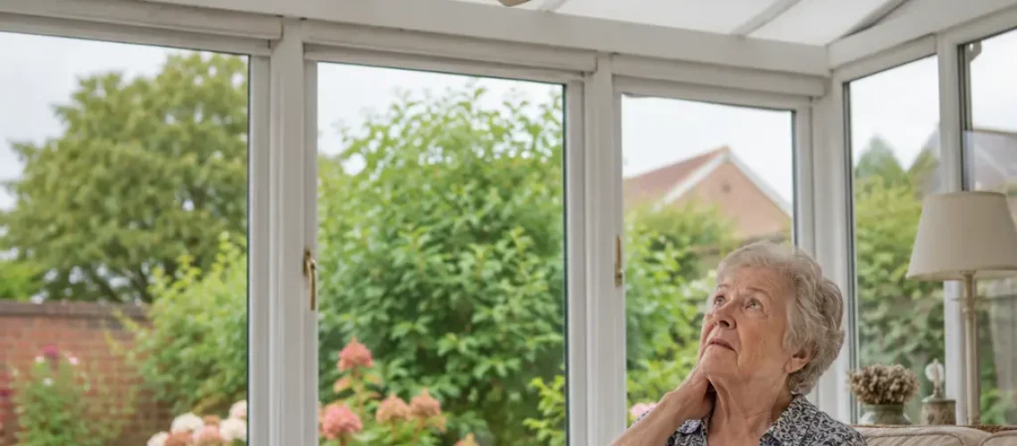 Elderly British woman notices dusty ceiling fan with weak airflow.