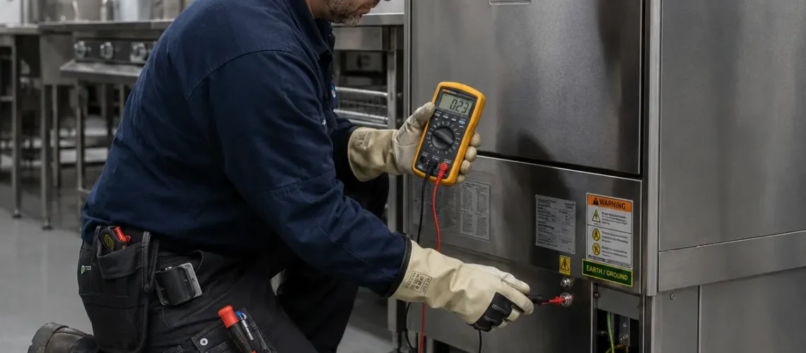 Commercial electrician carrying out electrical testing on a stainless steel commercial dishwasher inside a modern UK industrial kitchen.