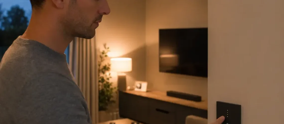 Man adjusting a matte-black smart touch dimmer switch in a modern UK living room with warm ambient lighting and wall-mounted television.