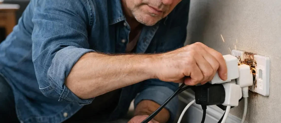 Man plugging multiple devices into overloaded socket, sparks visible near wall outlet