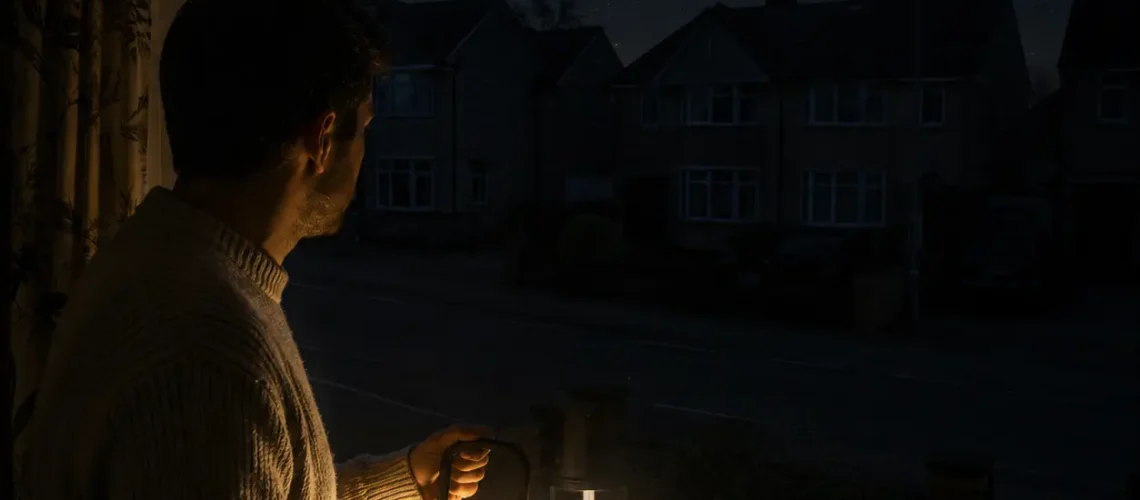 Man holding a battery-powered lantern while looking out from a dark UK semi-detached house during a nighttime neighbourhood power cut.