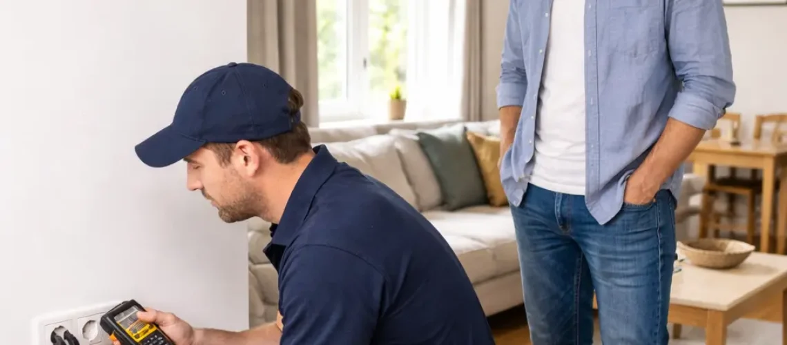 Electrician checking wall socket with testing device while homeowner observes inspection