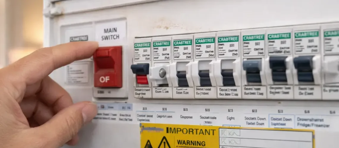 Hand switching off main switch on UK consumer unit fuse board during electrical safety check.