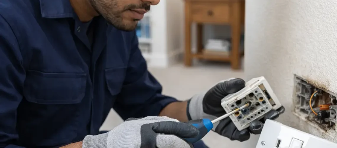 Professional electrician repairing a UK double plug socket using a screwdriver during a home electrical maintenance job.