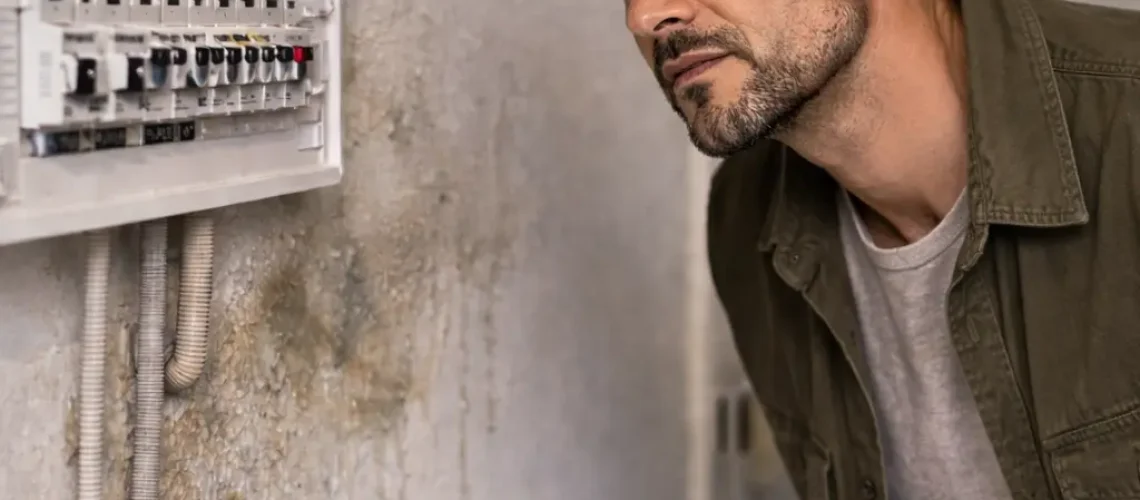 Man looking confused at open fuse box with visible wiring, unsure why power keeps tripping