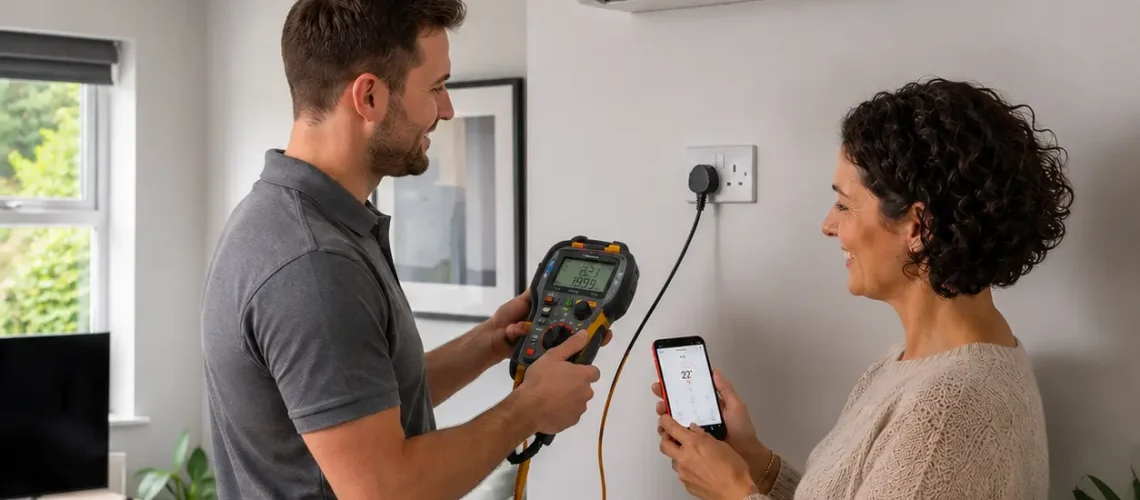 Young electrician performing final safety testing on a newly installed wall-mounted air conditioning unit in a modern UK living room while homeowner checks AC app on smartphone.