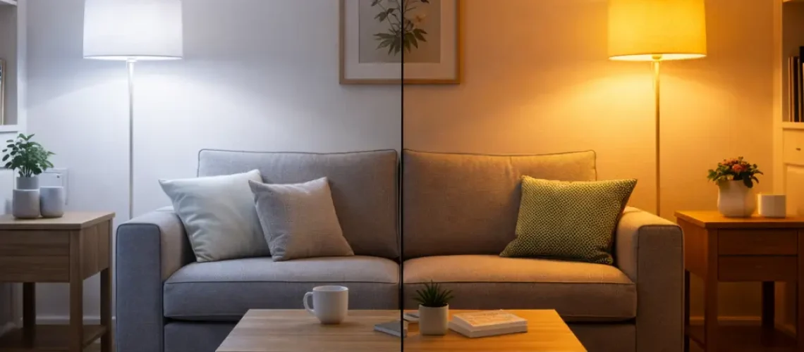 Living room split view showing cool white LED lighting vs warm ambient traditional lighting