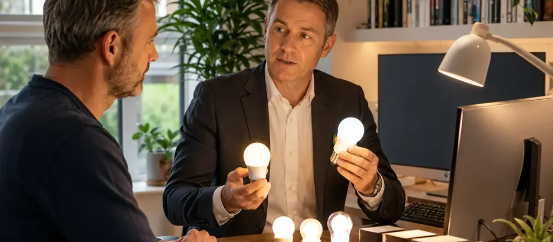 Electrical consultant explaining LED bulb brightness options inside modern Doncaster home office today