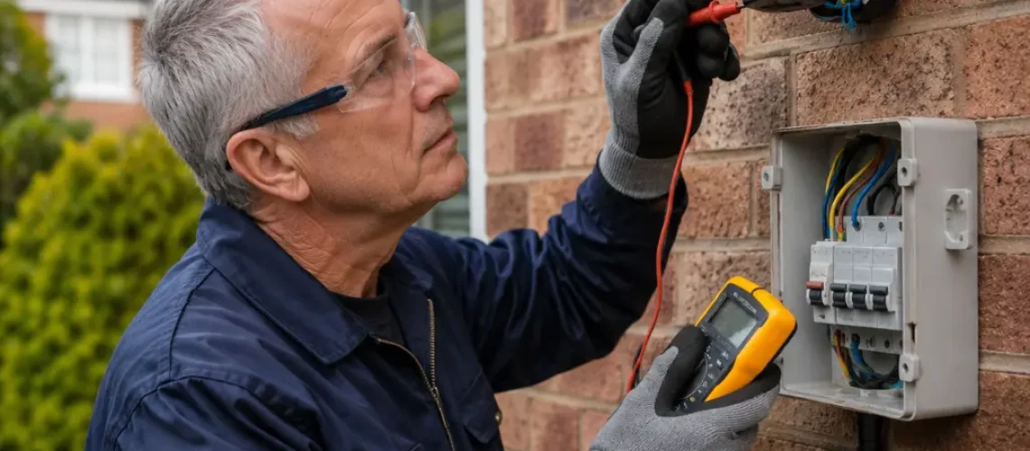British electrician testing faulty outdoor motion sensor security light.