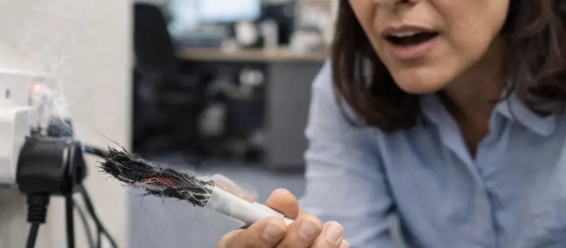 Woman inspecting burnt electrical cable connected to UK wall socket in an office
