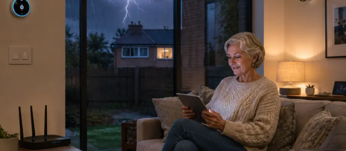 Concerned British homeowner checks unresponsive smart devices after power surge.
