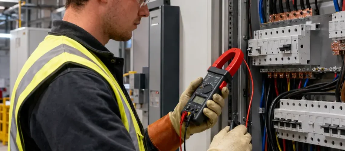 British electrician testing three-phase distribution board using clamp meter inside commercial workshop.