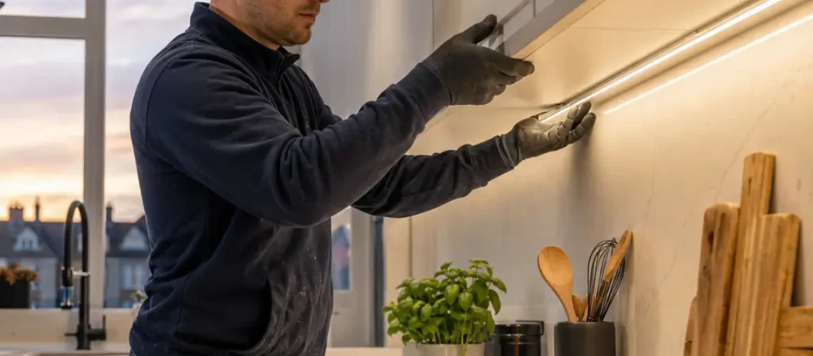 British electrician installing under-cabinet LED strip lighting in modern kitchen safely professionally.