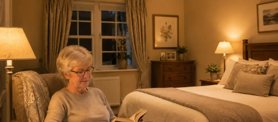 Older woman reading comfortably in warm white LED-lit UK bedroom