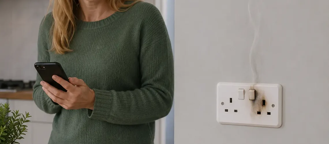 Elderly woman in a dark UK living room using a torch during a power cut while unplugging a surge-protected extension lead from a British wall socket to protect home electronics.