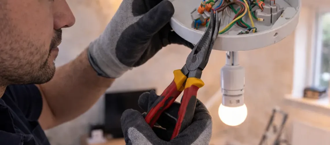 Electrician inspecting wiring inside a ceiling light fitting during a UK home electrical repair.