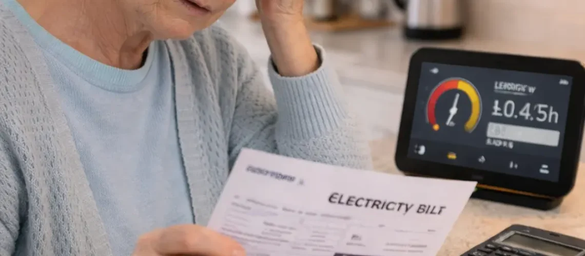 UK homeowner checking a high electricity bill while monitoring energy usage at home.